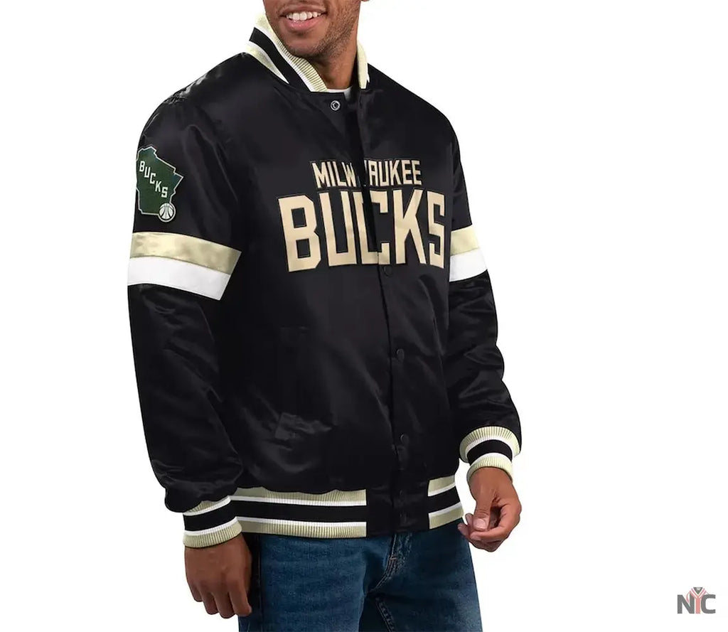 Milwaukee Bucks Home Game Black Satin Jacket NYC Jackets