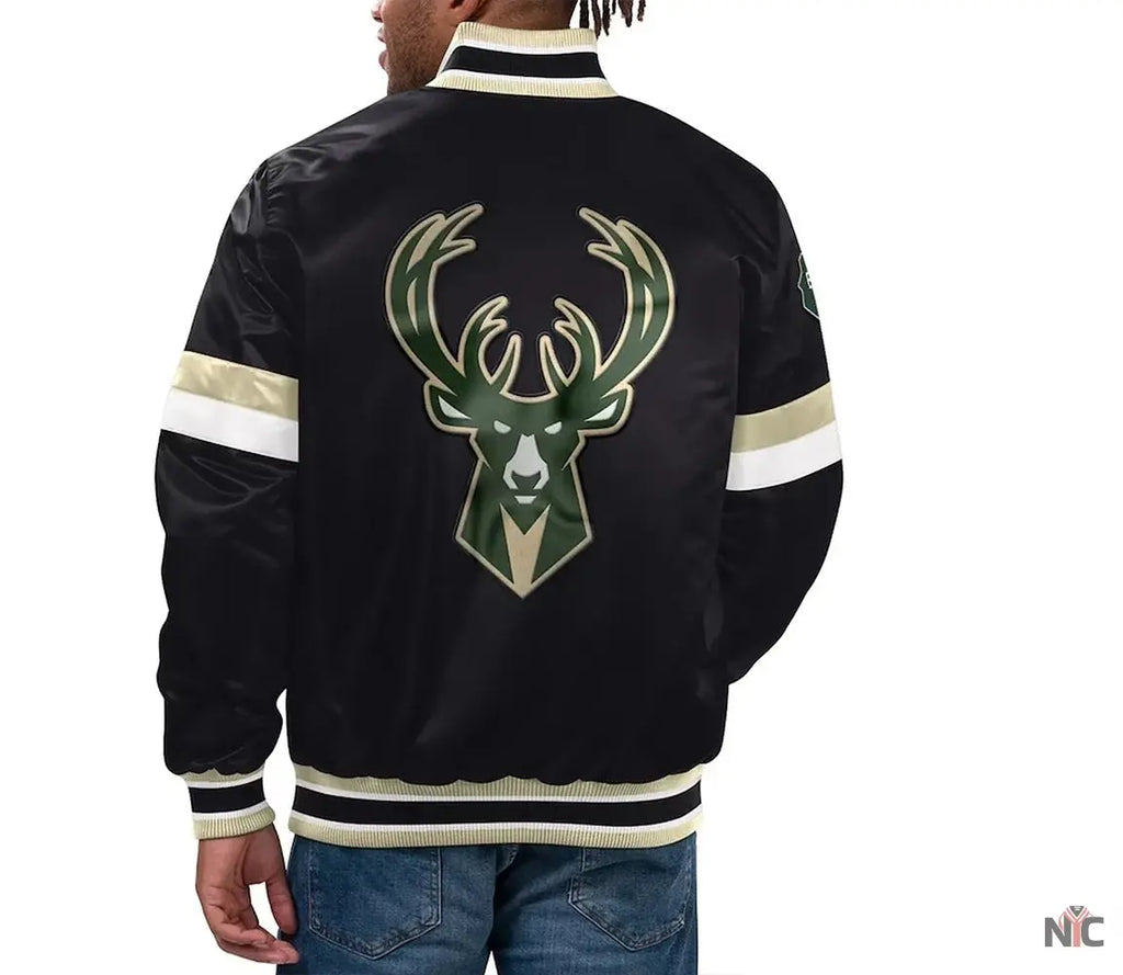 Milwaukee Bucks Home Game Black Satin Jacket NYC Jackets