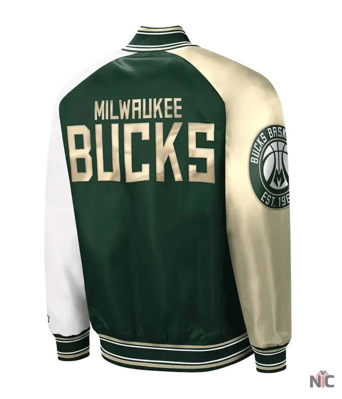 Milwaukee Bucks Hunter Green and Cream Varsity Satin Jacket NYC Jackets