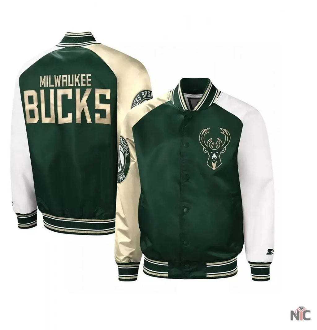 Milwaukee Bucks Hunter Green and Cream Varsity Satin Jacket NYC Jackets