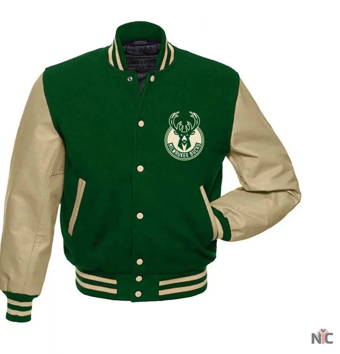 Milwaukee Bucks Letterman Beige and Green Jacket NYC Jackets