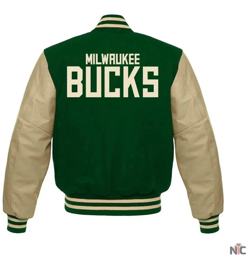 Milwaukee Bucks Letterman Beige and Green Jacket NYC Jackets