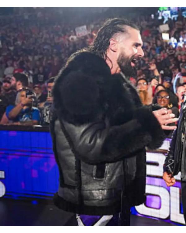 Seth Rollins Monday Night RAW Black Leather Fur Jacket NYC Jackets