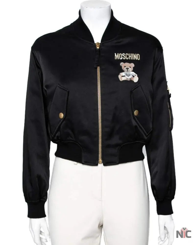 Moschino Couture Black Teddy Print Synthetic Cropped Bomber Jacket NYC Jackets