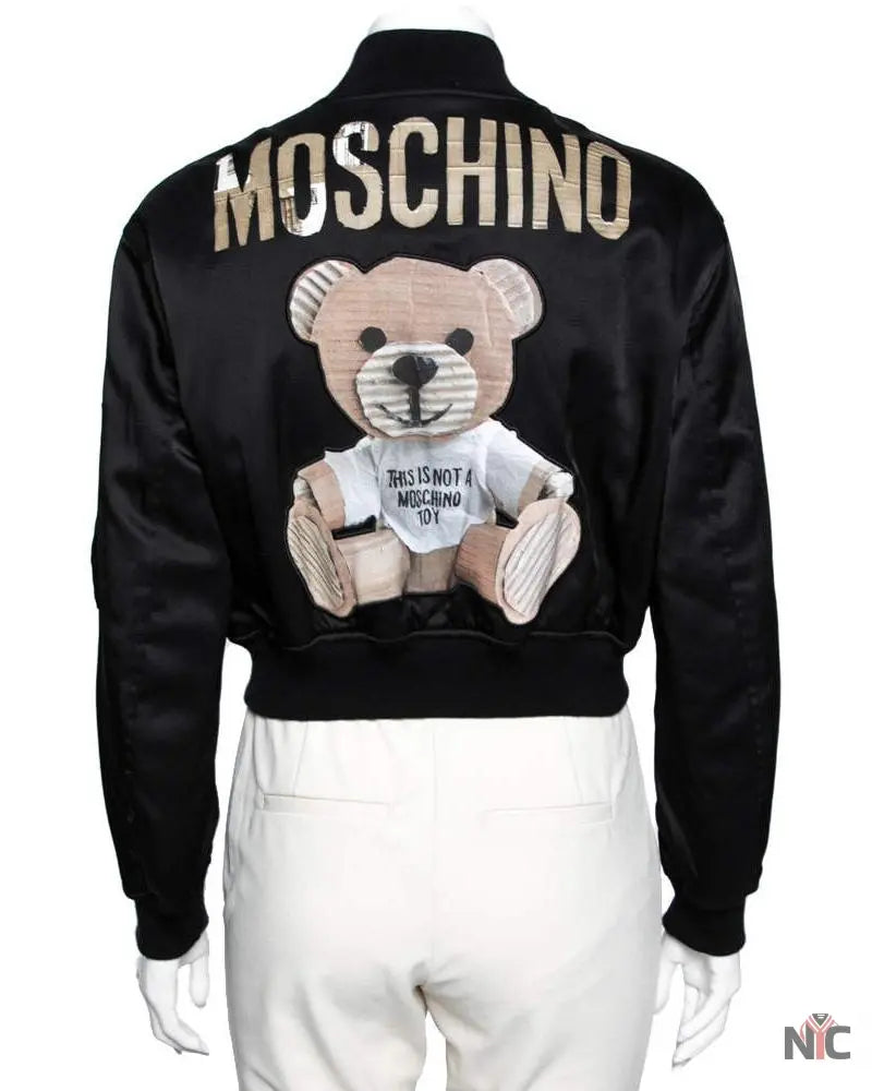 Moschino Couture Black Teddy Print Synthetic Cropped Bomber Jacket NYC Jackets