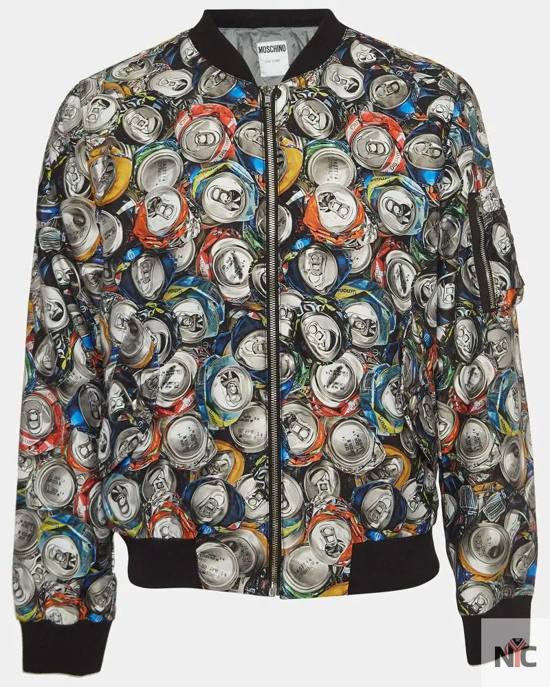 Moschino Couture Multicolor Beverage Cans Print Nylon Bomber Jacket NYC Jackets