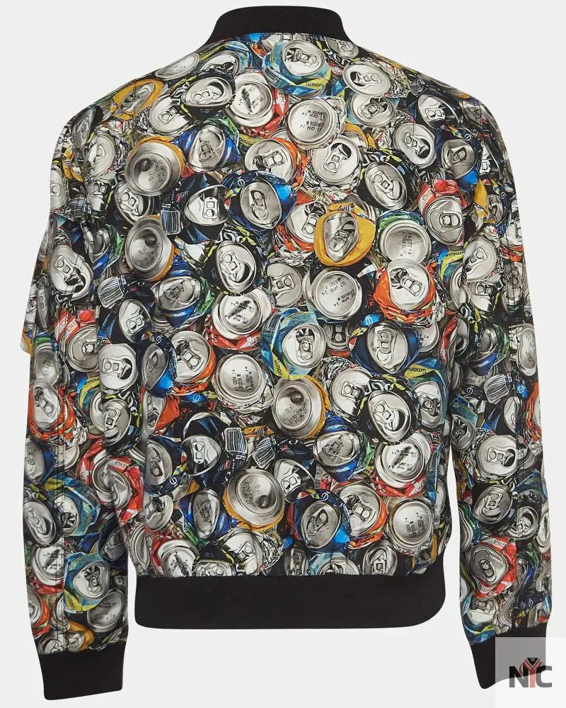 Moschino Couture Multicolor Beverage Cans Print Nylon Bomber Jacket NYC Jackets