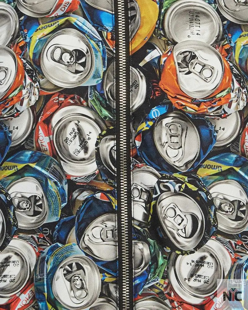 Moschino Couture Multicolor Beverage Cans Print Nylon Bomber Jacket NYC Jackets