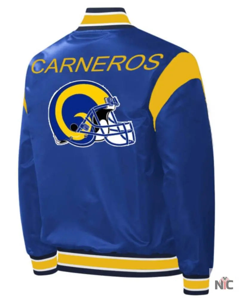 NFL La Rams Carneros Blue And Yellow Satin Jacket NYC Jackets