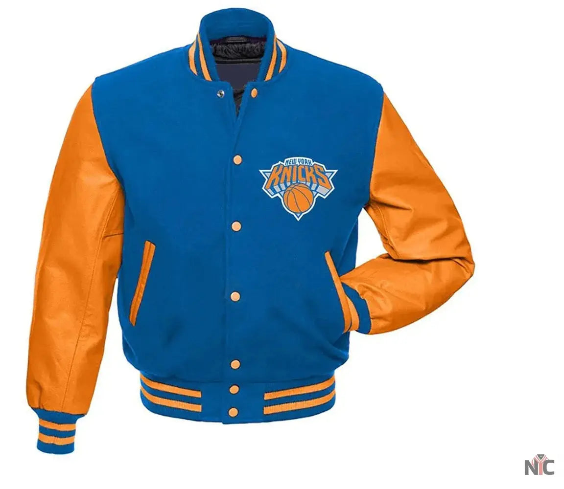NY Knicks Blue and Orange Varsity Jacket	New York Knicks Jackets / NBA NYC Jackets