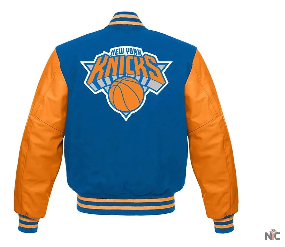 NY Knicks Blue and Orange Varsity Jacket	New York Knicks Jackets / NBA NYC Jackets