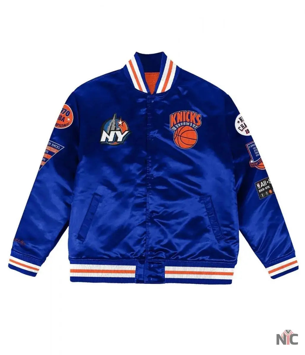 NY Knicks Champ City Bomber Satin Royal Blue Jacket NYC Jackets