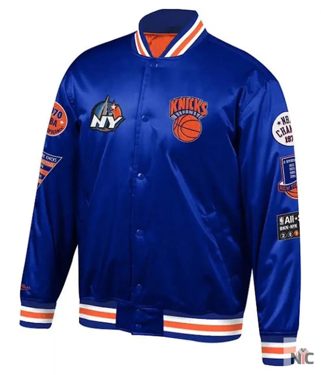 NY Knicks Champ City Bomber Satin Royal Blue Jacket NYC Jackets