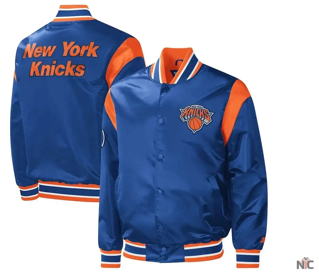 NY Knicks Force Play Varsity Blue Satin Jacket NYC Jackets