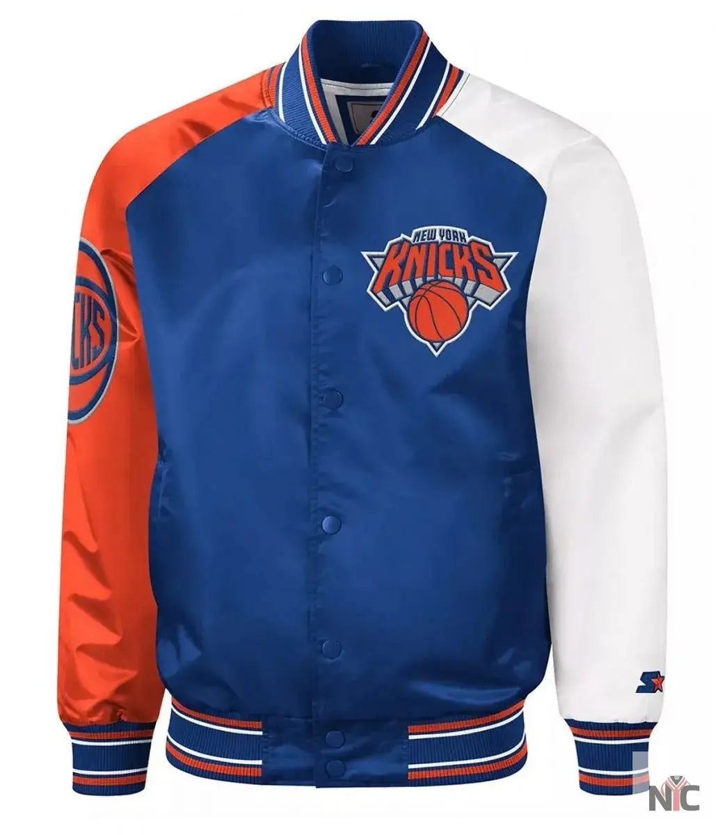 NY Knicks Reliever Raglan Royal Blue and Orange Satin Jacket NYC Jackets