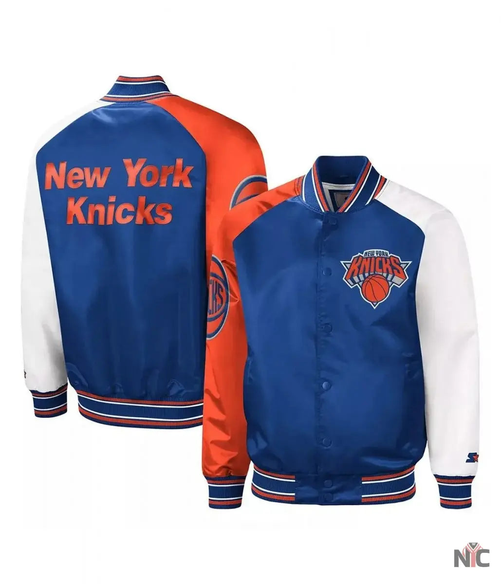 NY Knicks Reliever Raglan Royal Blue and Orange Satin Jacket NYC Jackets