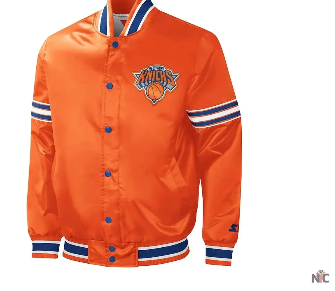 NY Knicks Slider Varsity Orange Satin Jacket NYC Jackets
