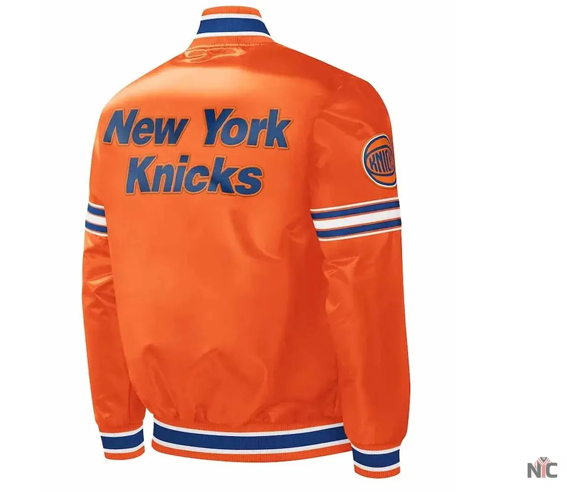 NY Knicks Slider Varsity Orange Satin Jacket NYC Jackets
