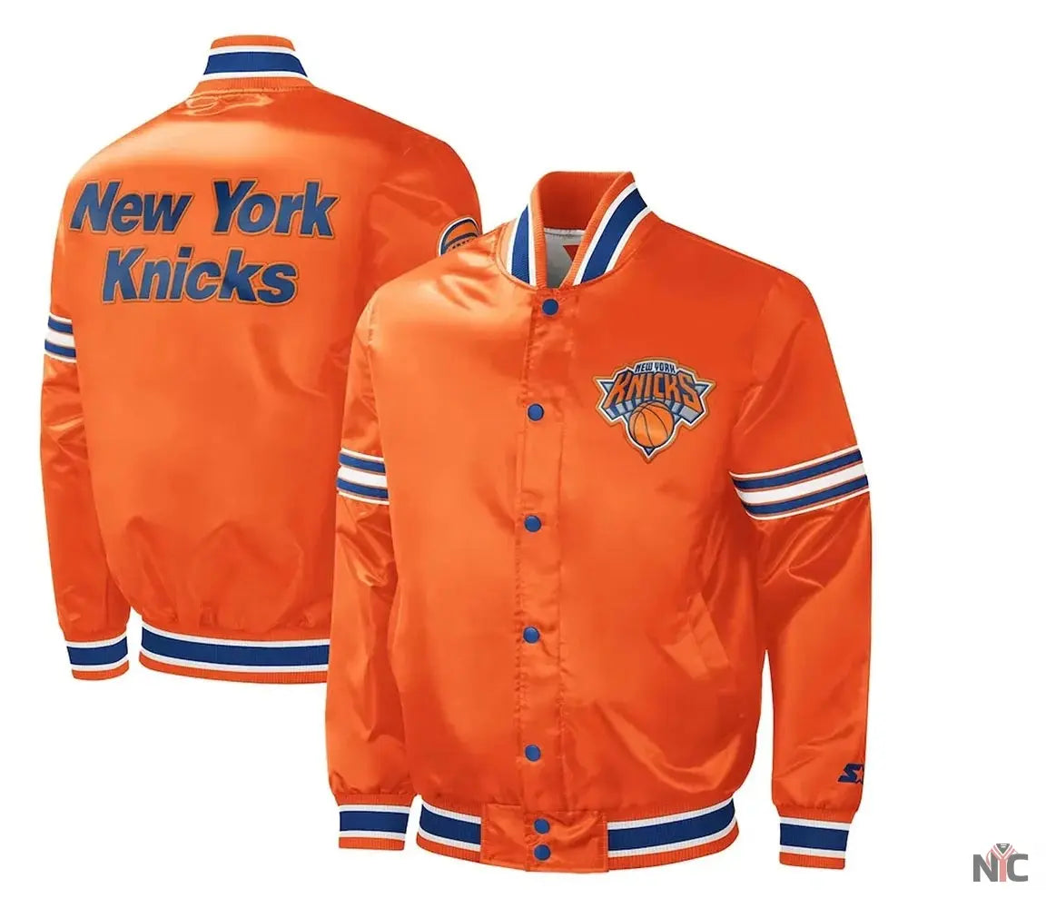 NY Knicks Slider Varsity Orange Satin Jacket NYC Jackets