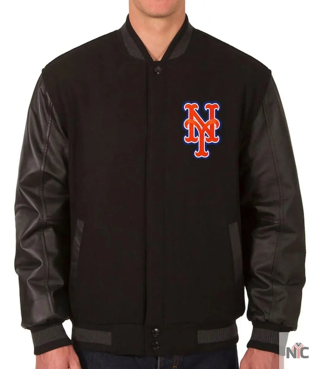 NY Mets Black Wool & Leather Jacket NYC Jackets