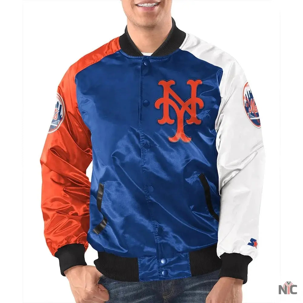 NY Mets Raglan Full-Snap Satin Jacket NYC Jackets