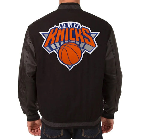 NY Knicks Black Wool And Leather Varsity Jacket