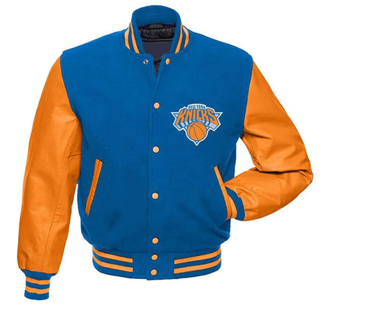 NY Knicks Blue and Orange Varsity Jacket	New York Knicks Jackets / NBA