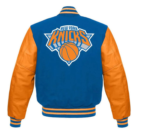 NY Knicks Blue and Orange Varsity Jacket	New York Knicks Jackets / NBA