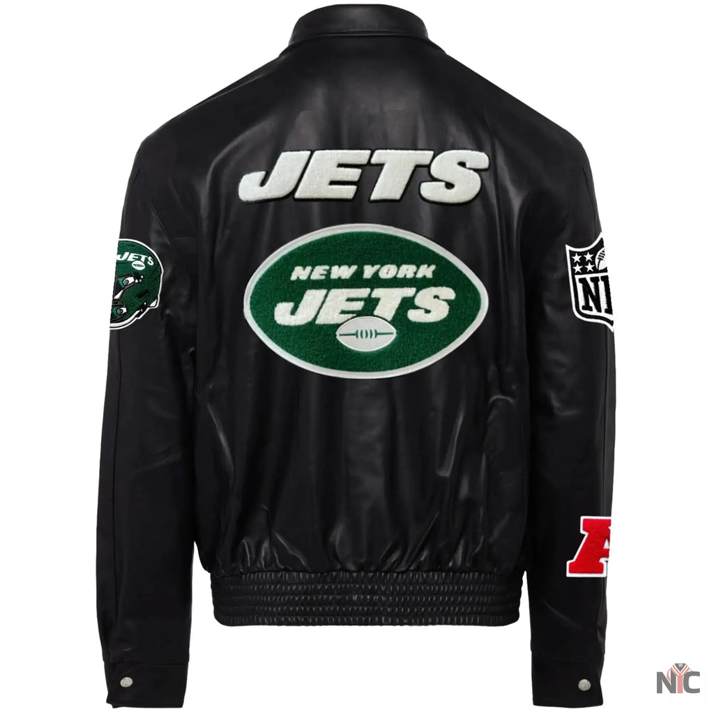 New York Jets Jeff Hamilton Black Leather Varsity Jacket NYC Jackets
