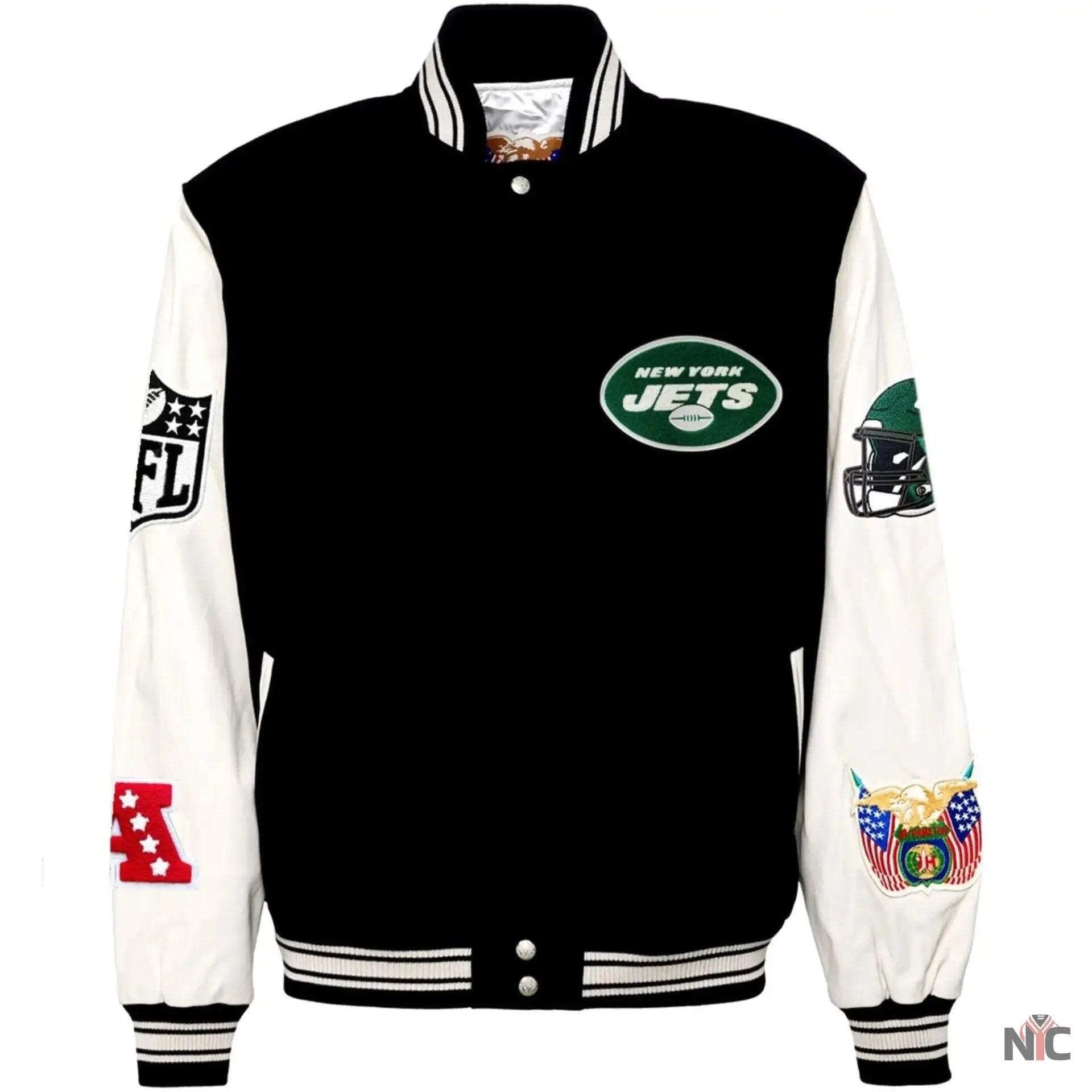 New York Jets Jeff Hamilton Wool and Leather Varsity Jacket NYC Jackets