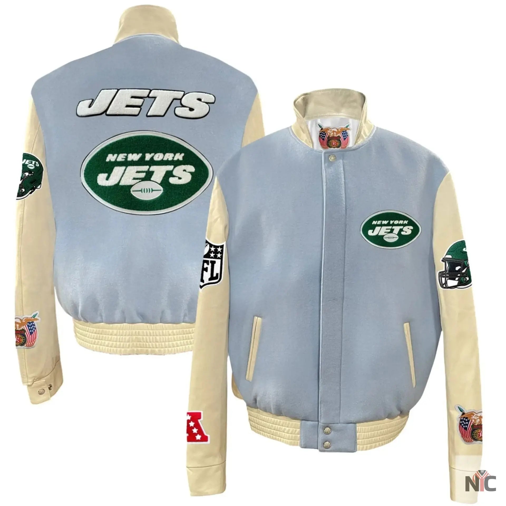 New York Jets Jeff Hamilton Wool and Leather Varsity Jacket NYC Jackets
