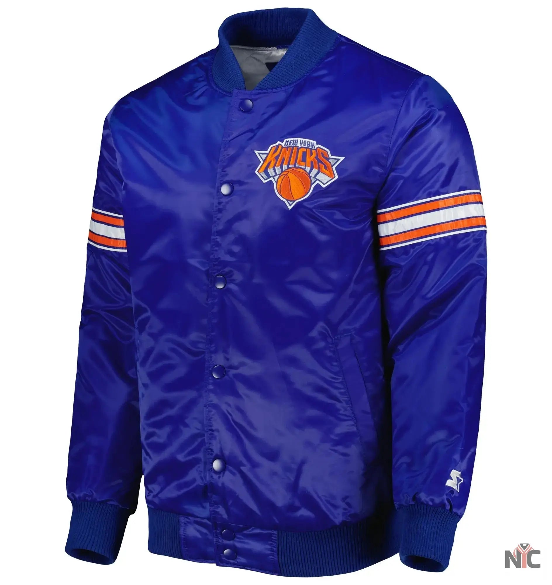 New York Knicks Pick & Roll Blue Satin Varsity Jacket NYC Jackets