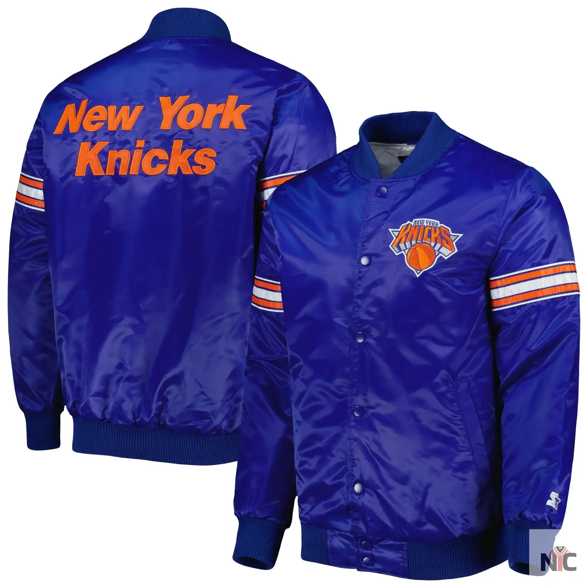 New York Knicks Pick & Roll Blue Satin Varsity Jacket NYC Jackets