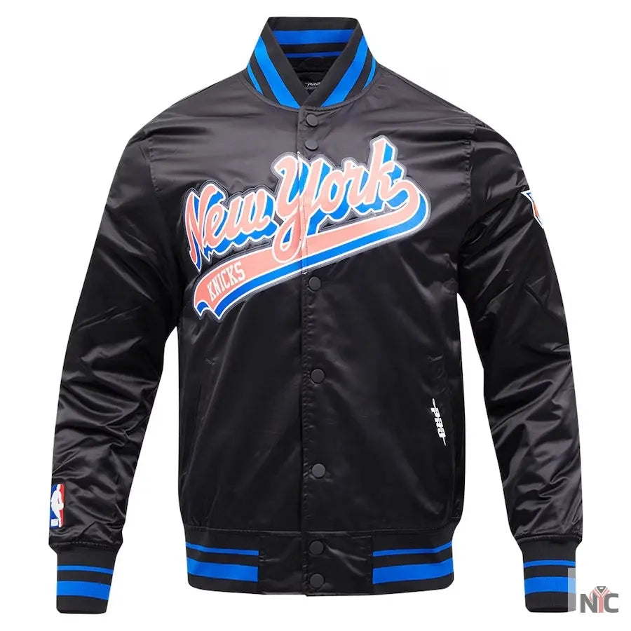 New York Knicks Script Tail Satin Varsity Jacket NYC Jackets