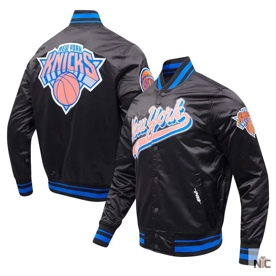 New York Knicks Script Tail Satin Varsity Jacket NYC Jackets