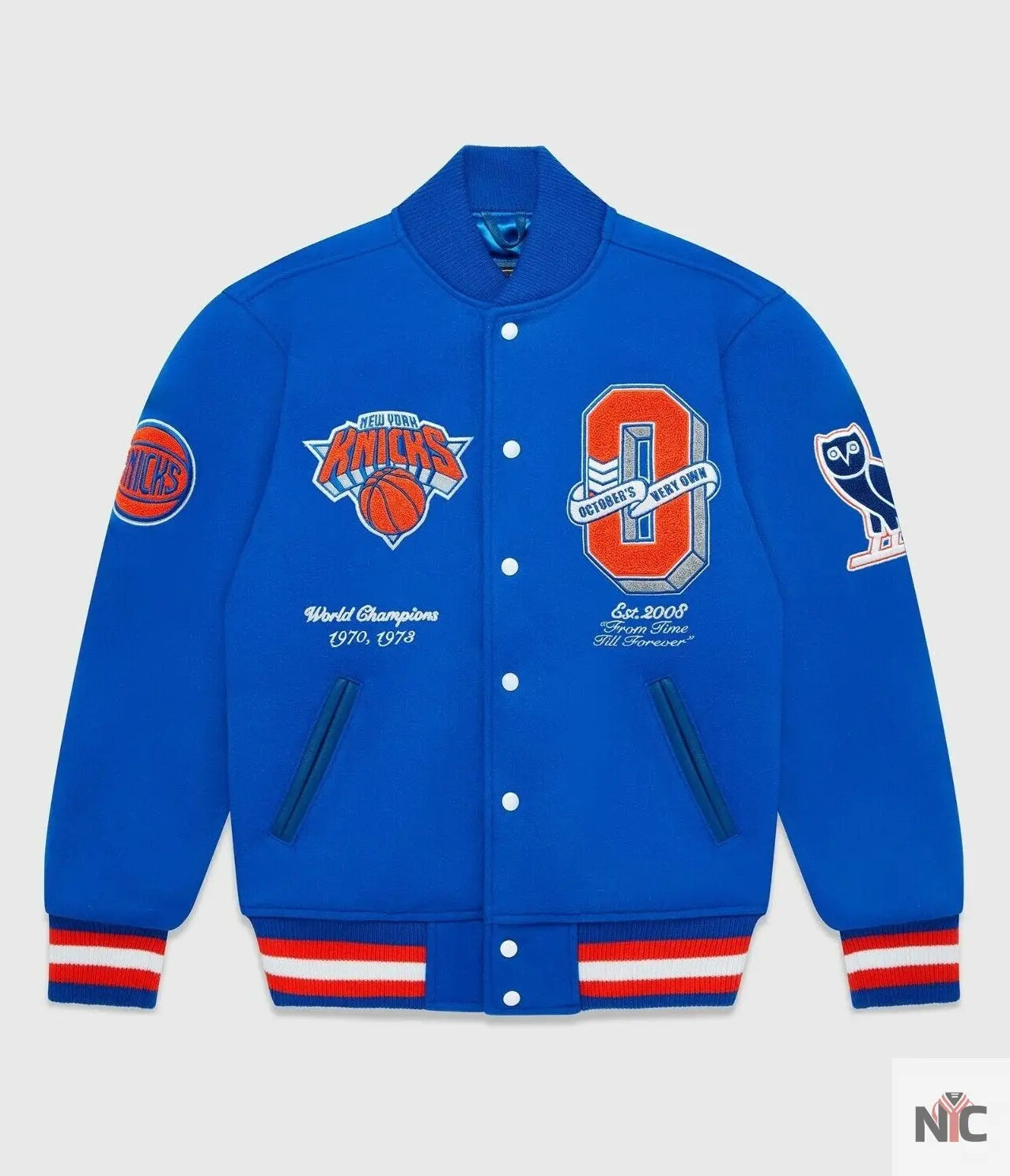 OVO x NBA New York Knicks Blue Varsity Jacket NYC Jackets