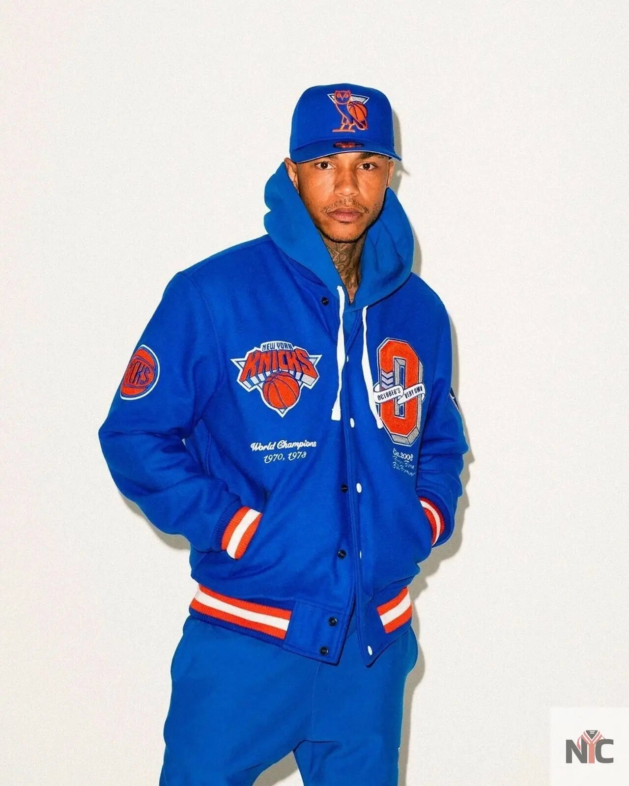 OVO x NBA New York Knicks Blue Varsity Jacket NYC Jackets