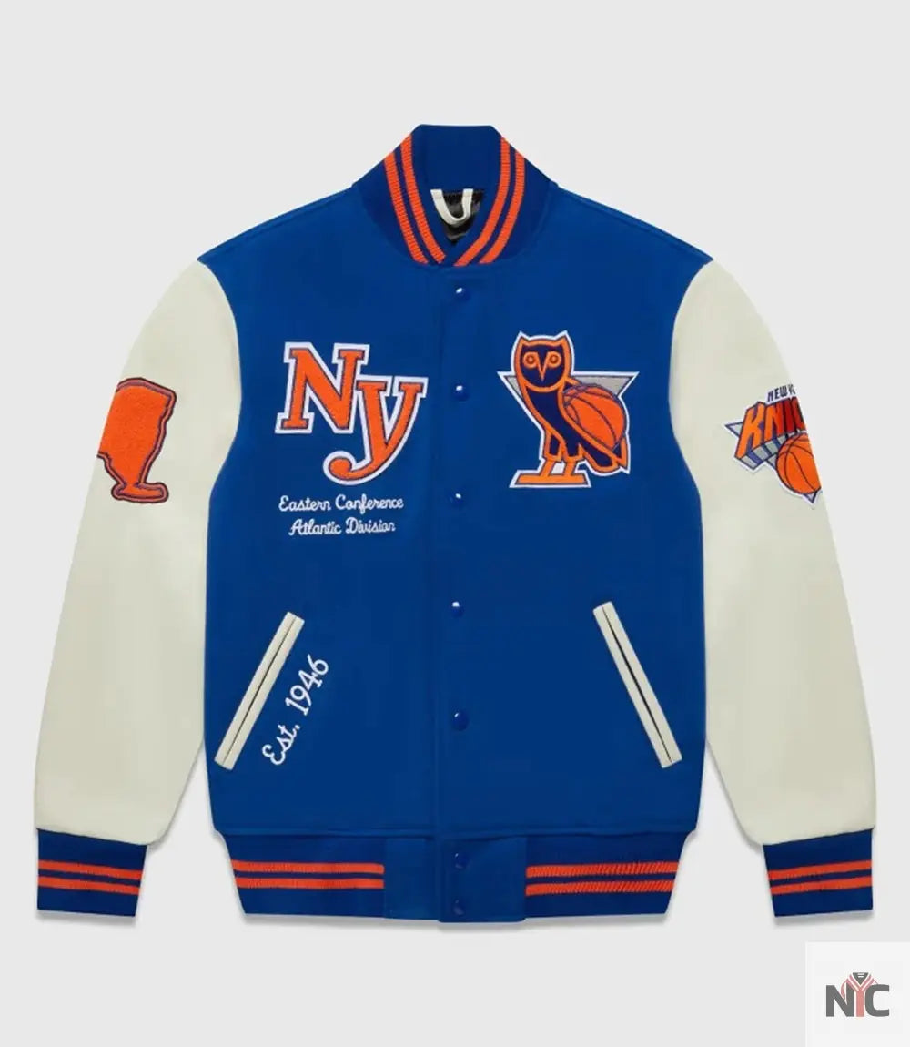 OVO x NBA New York Knicks Blue Varsity Jacket NYC Jackets