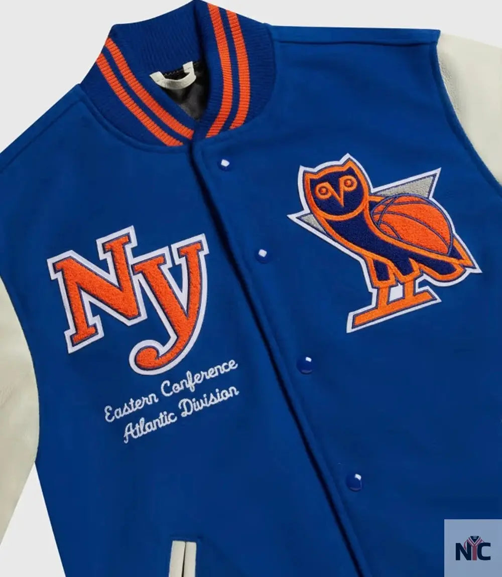 OVO x NBA New York Knicks Blue Varsity Jacket NYC Jackets