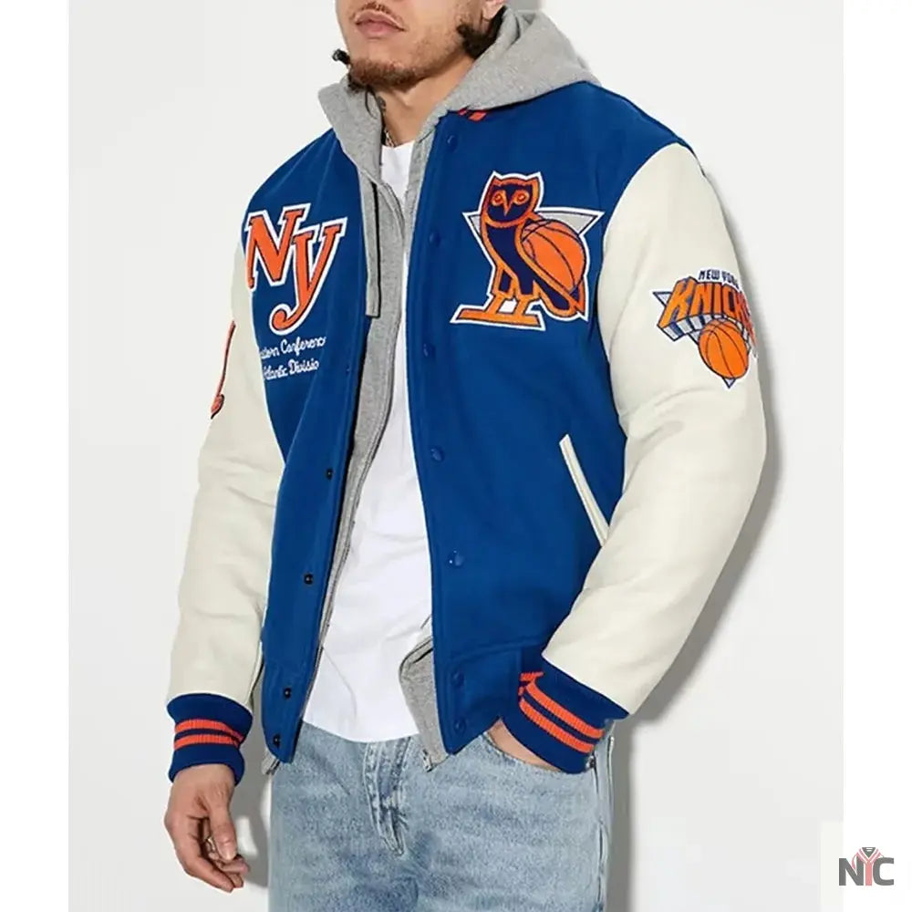 OVO x NBA New York Knicks Blue Varsity Jacket NYC Jackets
