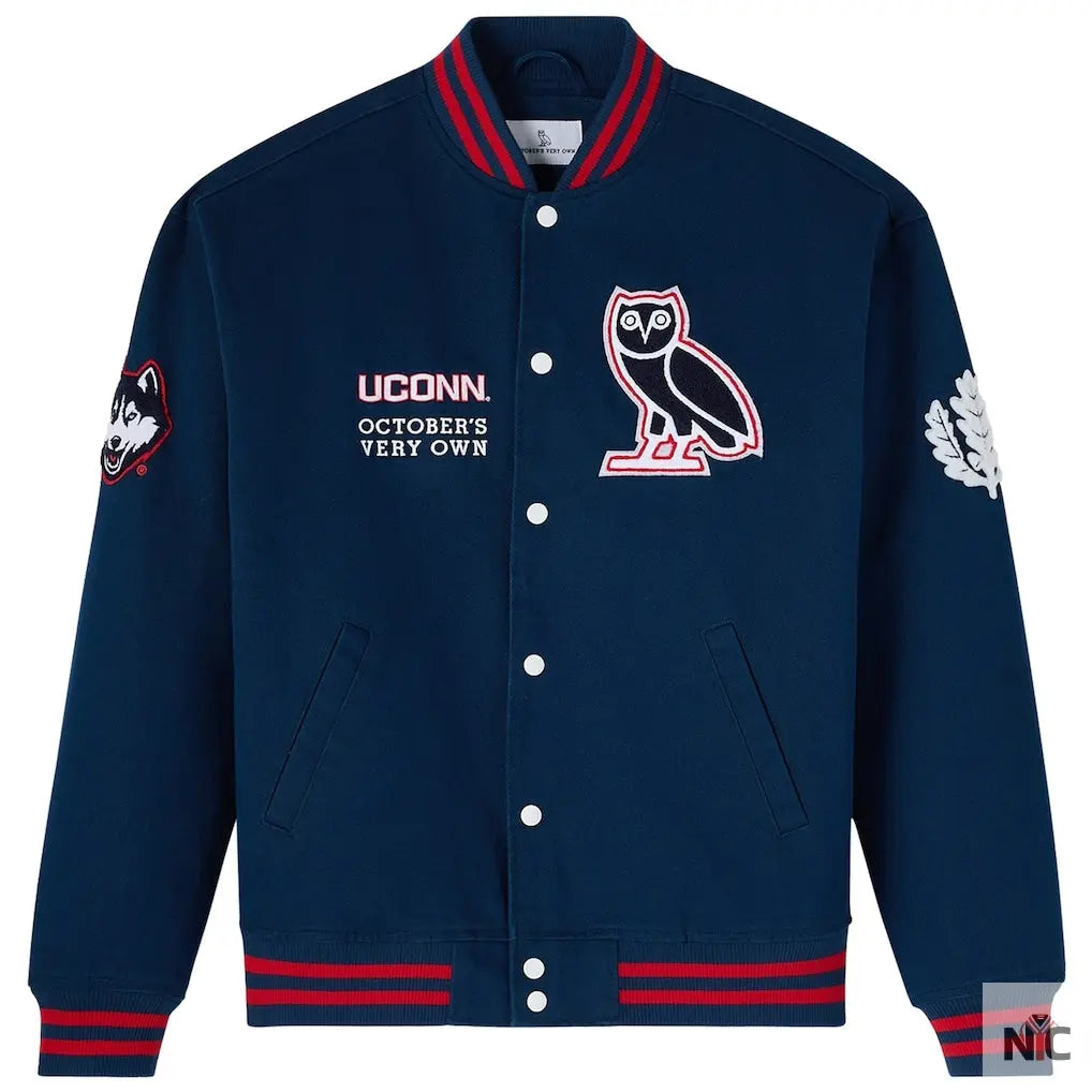 OVO x UConn Huskies Time To Shine Full-Snap Varsity Jacket - Navy - NYC Jackets