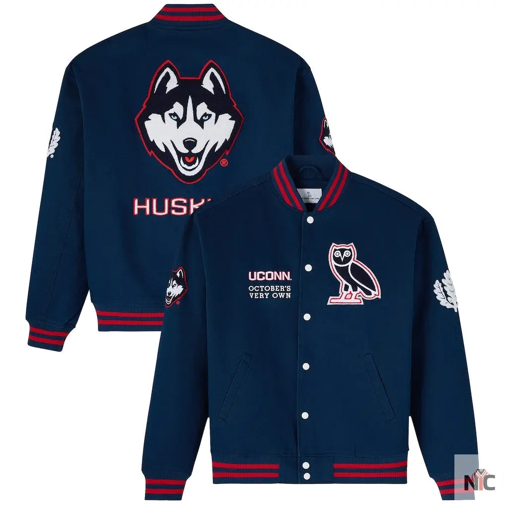 OVO x UConn Huskies Time To Shine Full-Snap Varsity Jacket - Navy - NYC Jackets