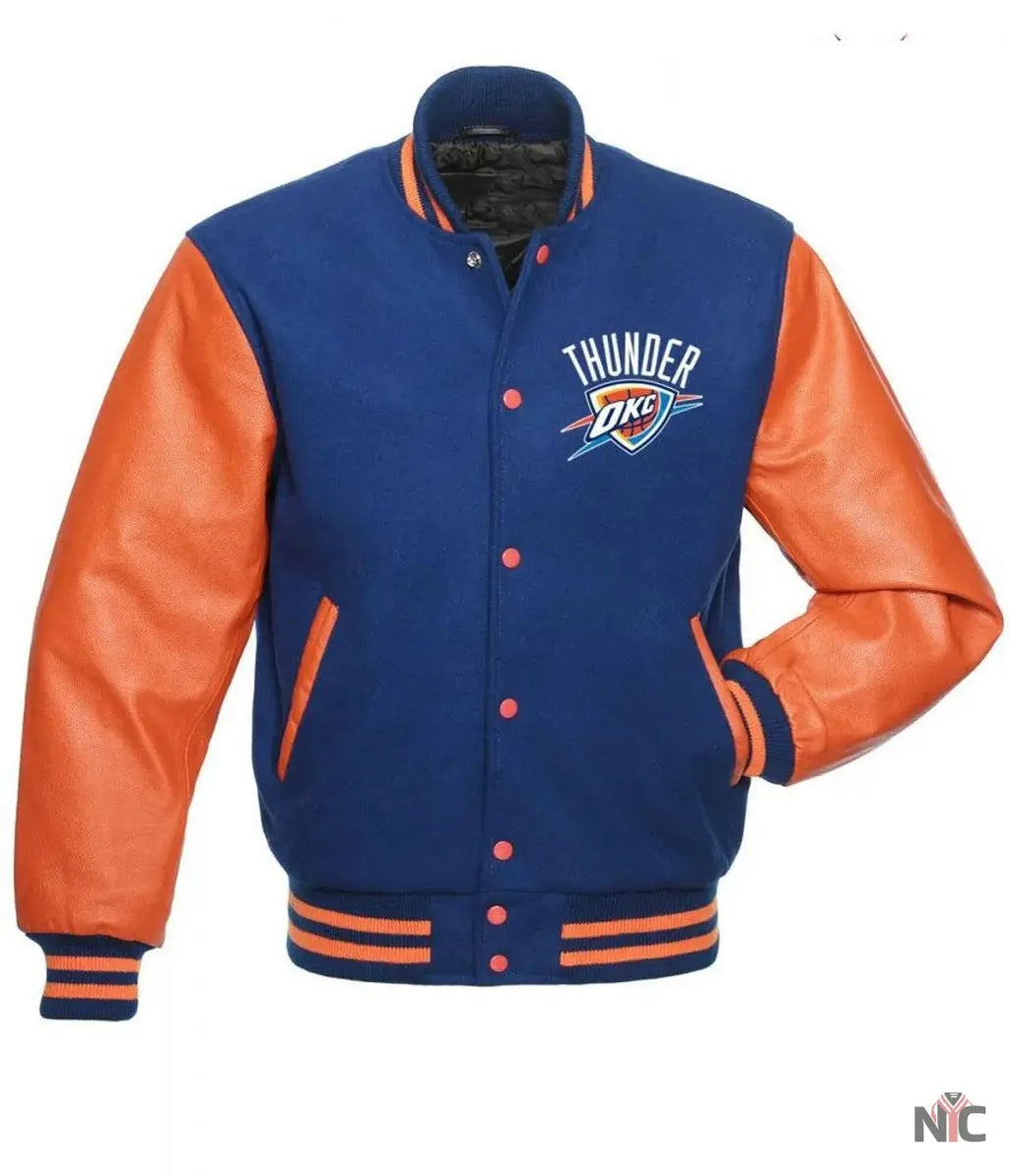 Oklahoma City Thunder Letterman Orange and Blue Jacket NYC Jackets