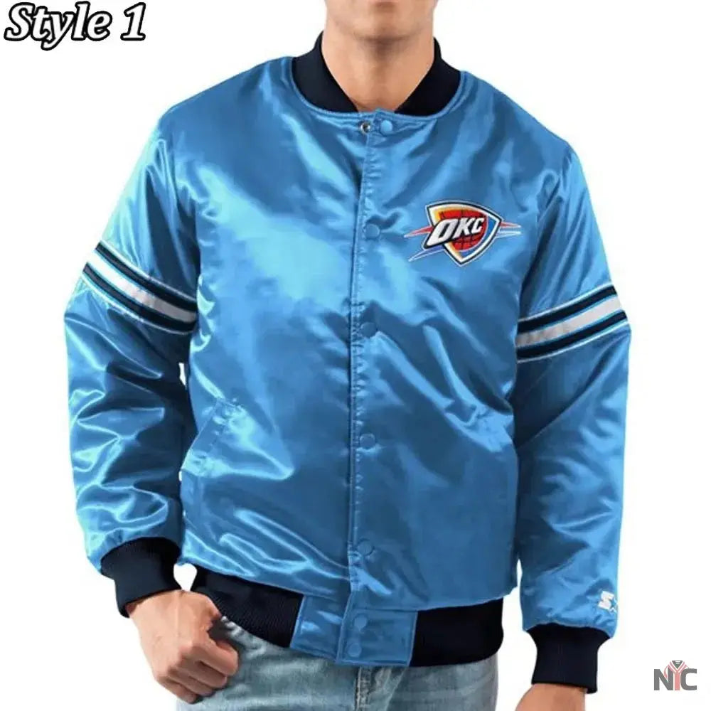 Oklahoma City Thunder Pick Varsity Satin Blue Jacket NYC Jackets