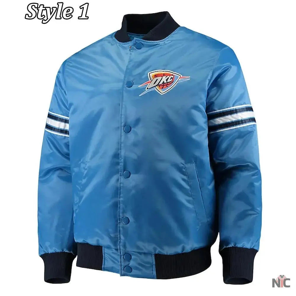 Oklahoma City Thunder Pick Varsity Satin Blue Jacket NYC Jackets
