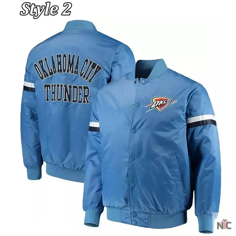 Oklahoma City Thunder Pick Varsity Satin Blue Jacket NYC Jackets