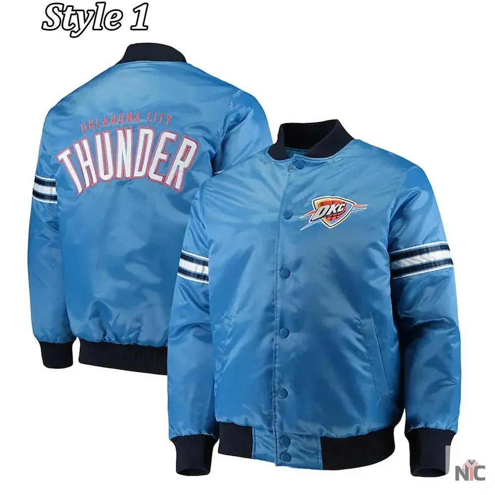 Oklahoma City Thunder Pick Varsity Satin Blue Jacket NYC Jackets