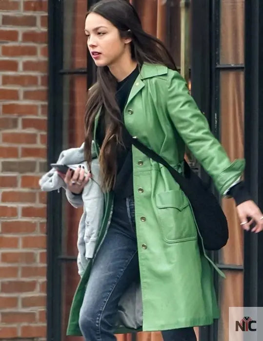 Olivia Rodrigo 2023 Green Leather Coat NYC Jackets