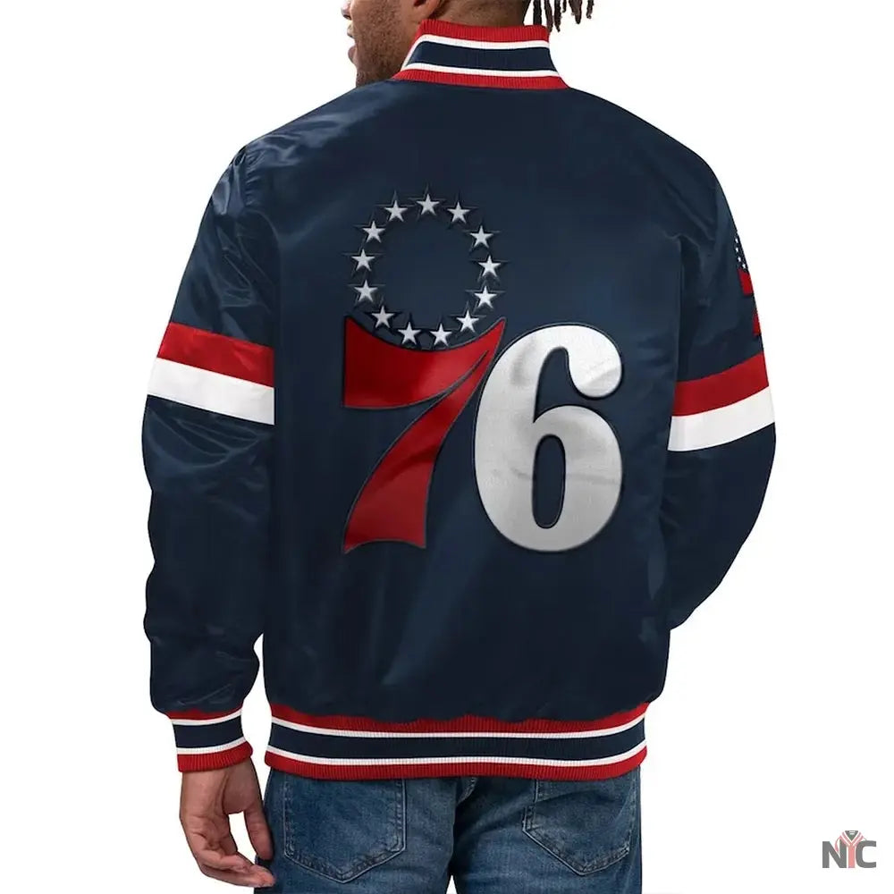 Philadelphia 76ers Home Game Navy Satin Jacket NYC Jackets