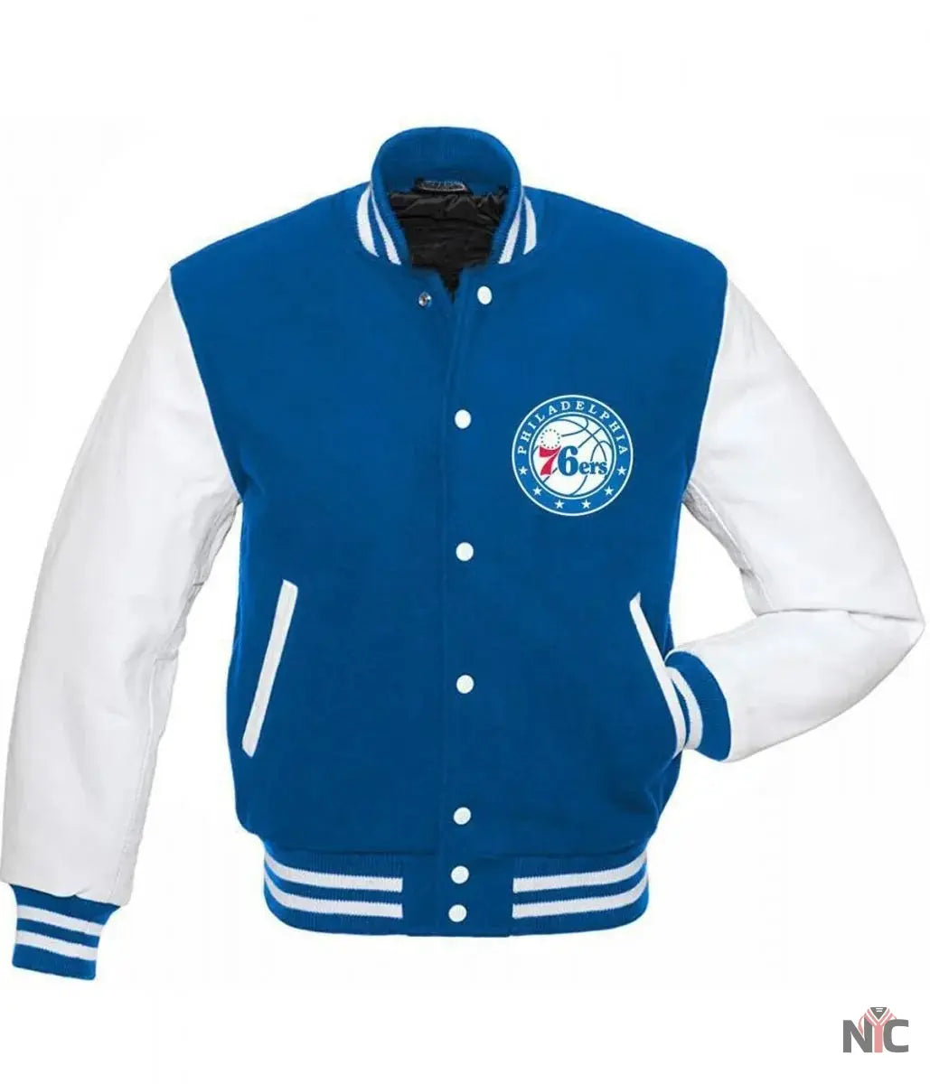 Philadelphia 76ers Letterman Blue and White Jacket NYC Jackets